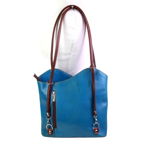 Florence BLUE GENUINE LEATHER BROWN TRIM SHOULDER BAG CONVERTIBLE BACKPACK PURSE